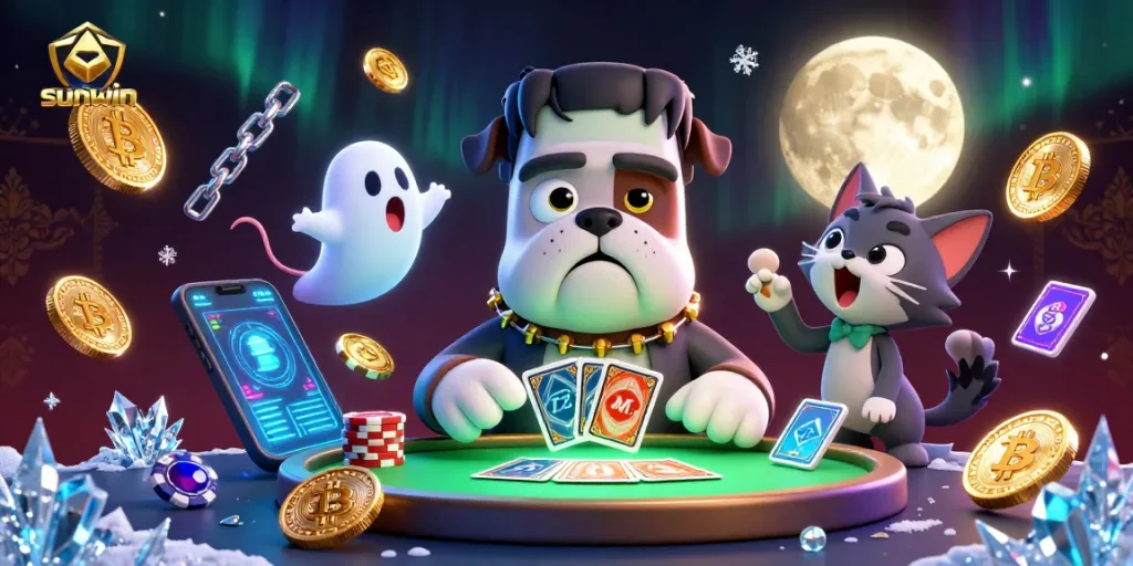 Experience exciting gameplay at sunwin with a lively scene featuring a Frankenstein bulldog and friends dealing cards.