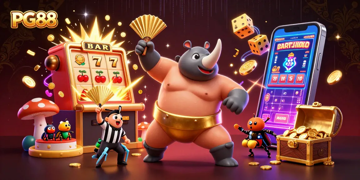 Experience thrilling PG88 casino action with a rhinoceros beetle champion amidst exploding jackpots and gameplay excitement.