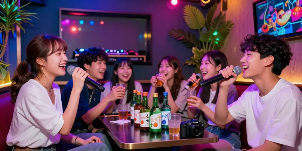 제주유흥에서 즐거운 밤을 보내는 젊은이들, 노래방에서 음악과 함께하는 모습