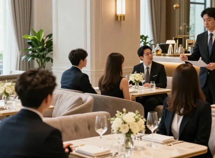 강남블랜딩의 고급스러운 쩜오 내부, 세련된 인테리어와 우아한 조명으로 편안한 분위기를 제공합니다.