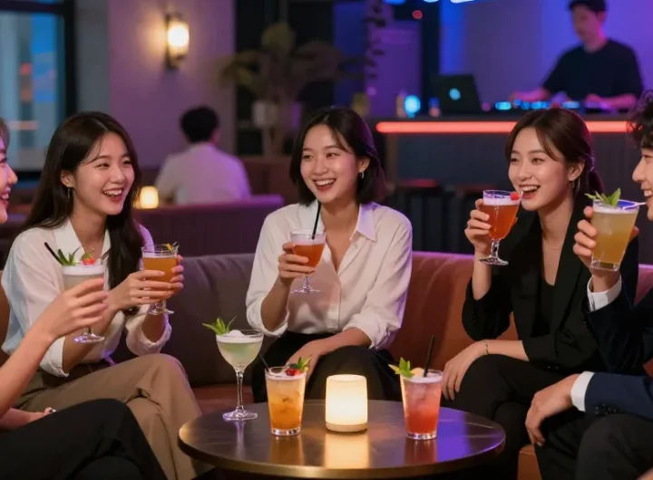 강남의 퀸알바 문화가 느껴지는 활기찬 라운지 장면