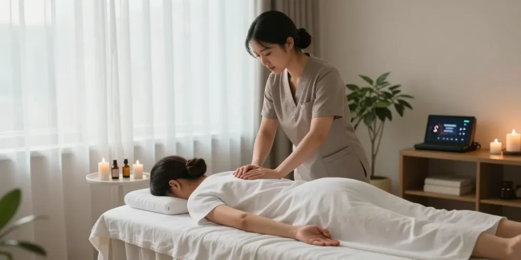 의정부출장마사지로 편안한 휴식을 취하는 고객과 마사지사 모습