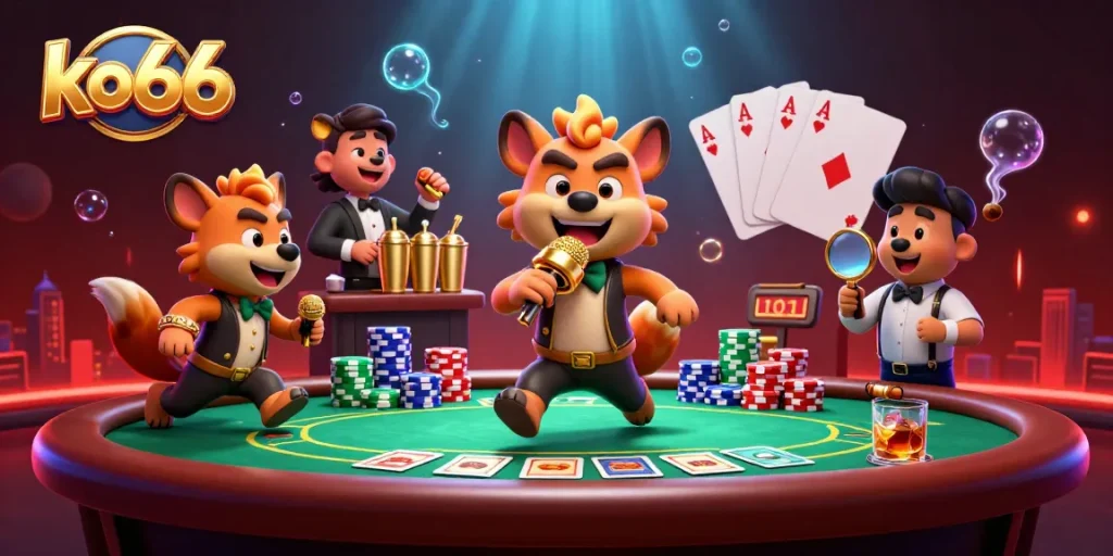 Engage with ko66 at this vibrant casino scene featuring hyena characters entertaining and mixing drinks.