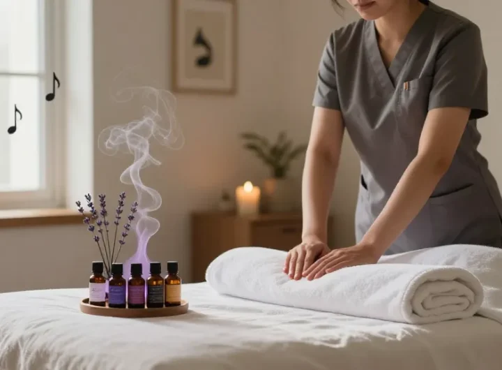 Relaxing home environment prepared for 용인출장마사지, featuring soothing oils, candles, and a massage table.