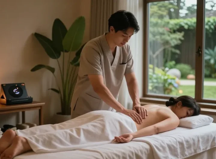 부산마사지로 편안한 힐링을 경험하는 남성 고객과 전문가 마사지사