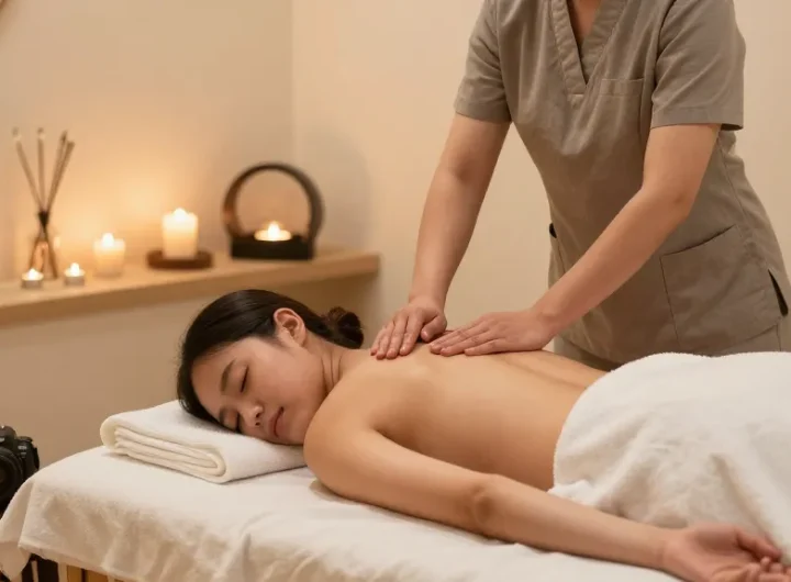 마사지 치료를 받는 고객과 편안한 스파 환경을 보여주는 장면
