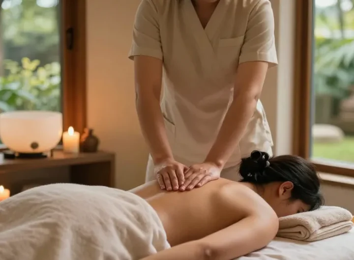 동탄마사지 전문가가 고객에게 딥 마사지 중인 편안한 스파 환경