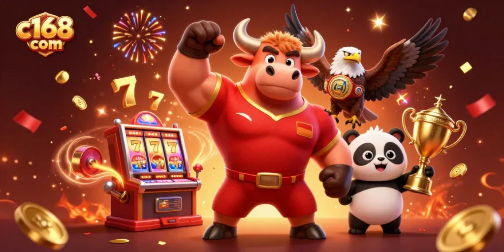 Win big at c168 com with exciting gaming action featuring slot machines and celebrating characters.