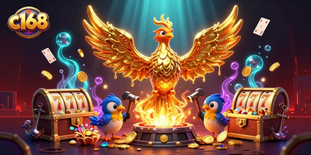 Experience thrilling gameplay at c168 with a golden phoenix symbolizing luck and fortune, amidst vibrant casino elements.