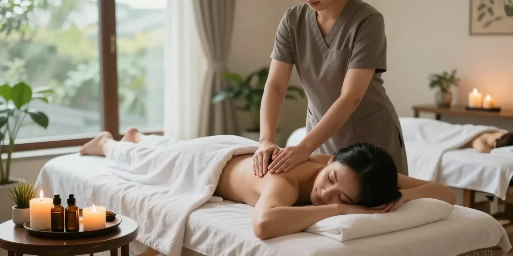 수원마사지에서 편안한 마사지를 받는 고객과 전문 관리사의 모습