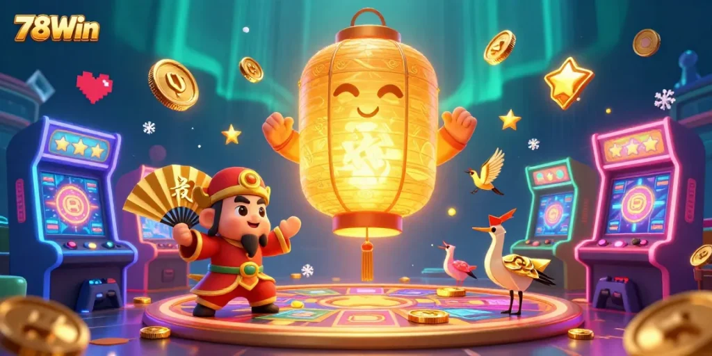 Engage in thrilling games at 78Win, where golden symbols and arcade machines enhance your betting adventure.