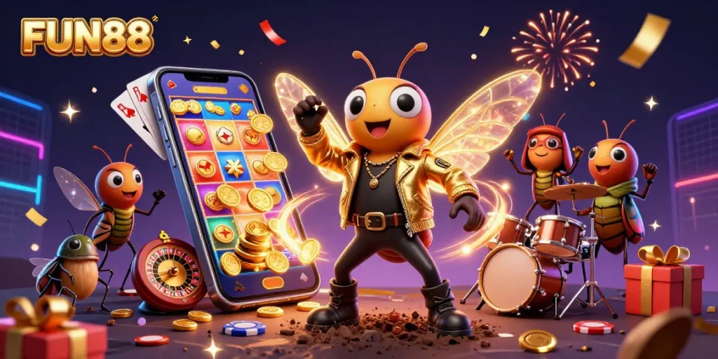 Experience exciting spins with FUN88, featuring 3D cartoon characters amidst slot games and festive casino elements.